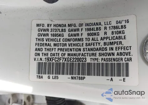2016 Honda Civic Ex from USA, damaged, VIN 19XFC2F7XGE220023